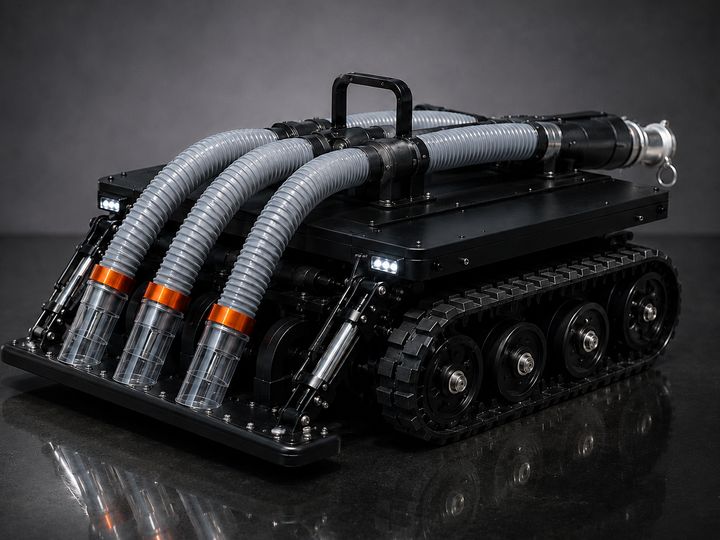 The Sludge Boss tracked vacuum crawler, seen from the side with its three suction intakes and rear discharge hose.